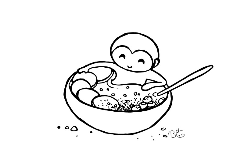 Monkey sitting in a smoothie bowl - Brenda de Groot